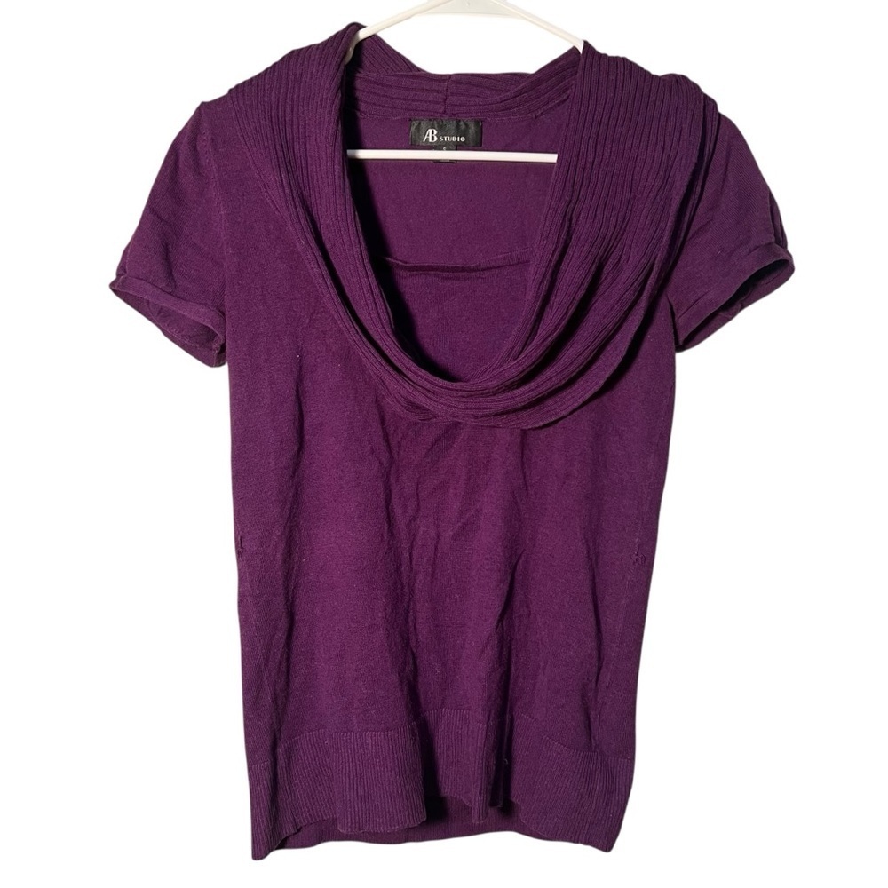 AB Studio Women's Sz Small Short Sleeve Knit Top Purple Scoop Neck Ribbed Cotton